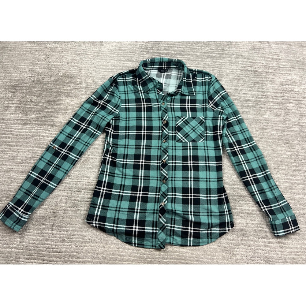 rue21 Button Down Shirt Womens Medium Teal Plaid Long Sleeve Stretch Pocket Top